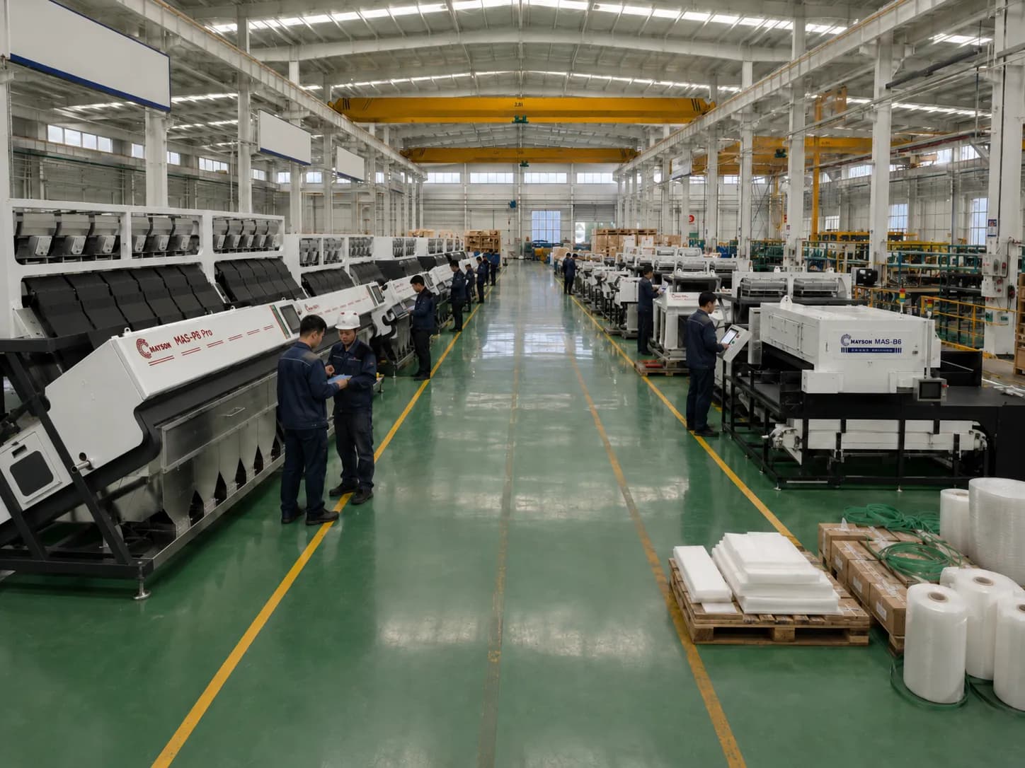 Sala de producción Mayson con técnicos inspeccionando filas de clasificadoras de color y una clasificadora de botellas