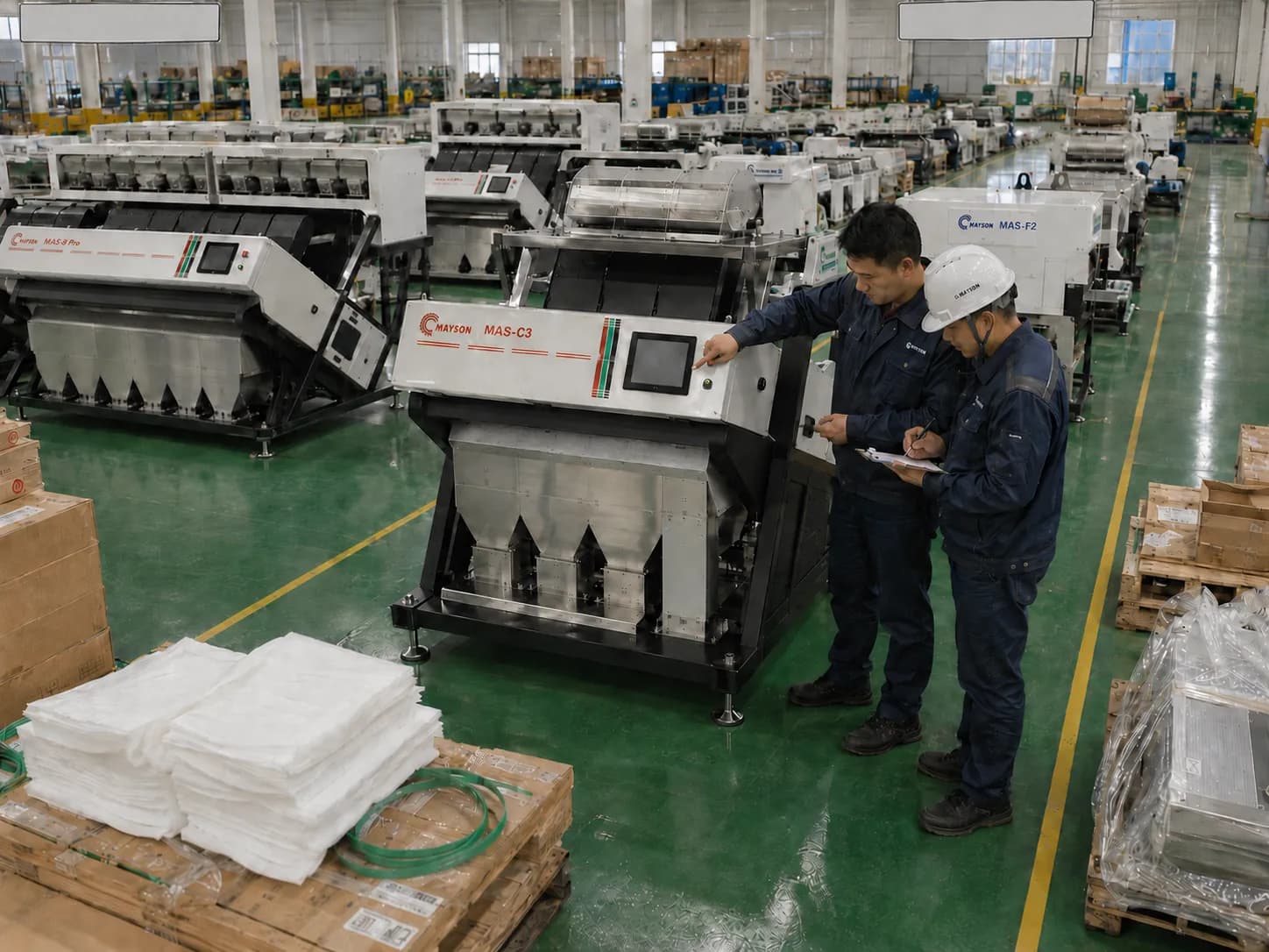Técnicos realizando inspección final en una fila de clasificadoras de color terminadas