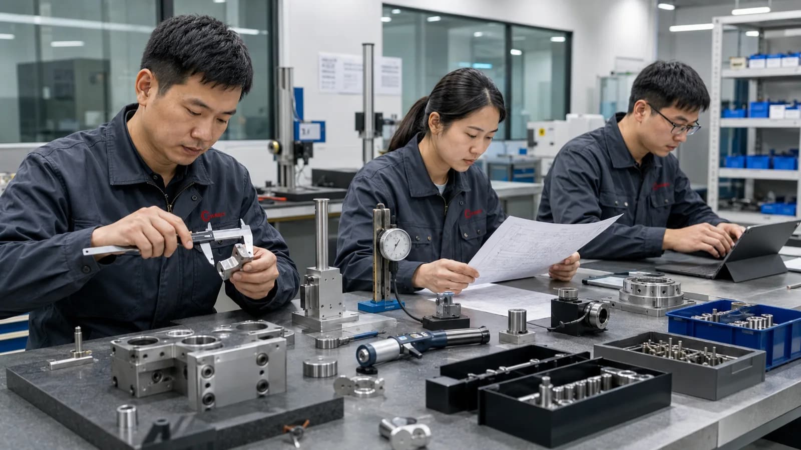 Ingenieros de calidad de Mayson midiendo piezas mecanizadas con calibres y un reloj comparador en el laboratorio de metrología