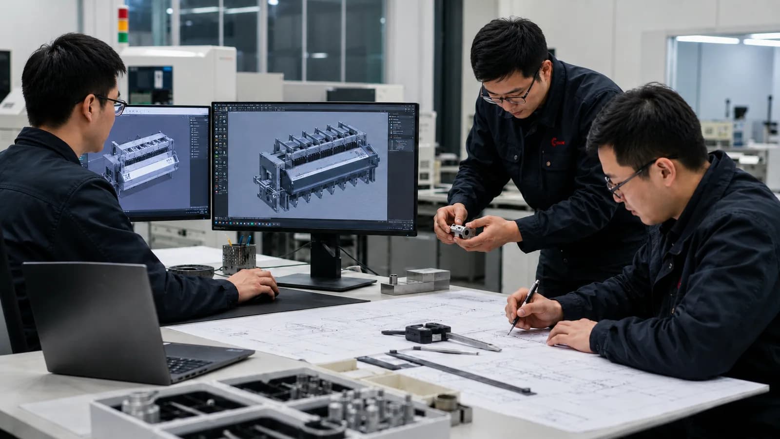Ingenieros trabajando en un diseño CAD 3D de un chasis de clasificadora en monitores duales