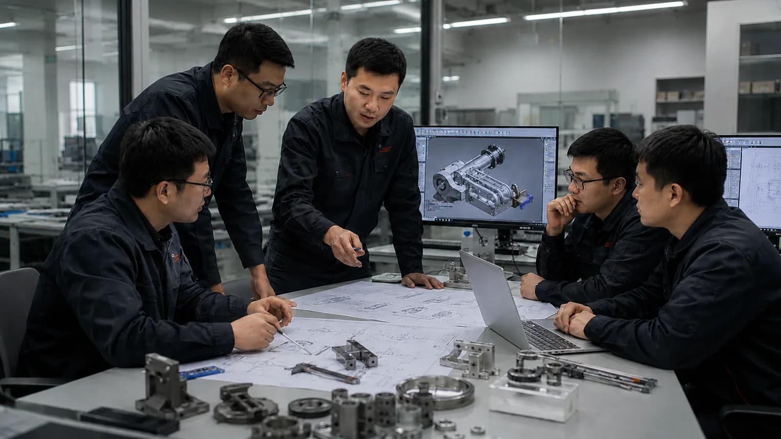 Ingenieros de Mayson revisando un modelo CAD 3D de un módulo de clasificación alrededor de un banco de trabajo